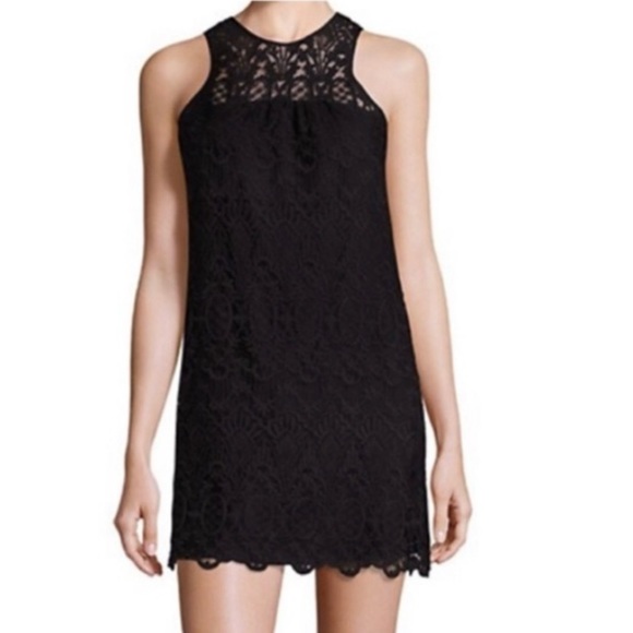 JOIE Fahfia B Lace Sleeveless Crewneck Sheer Yoke Scallop Hem Shift Dress Caviar - Picture 1 of 4